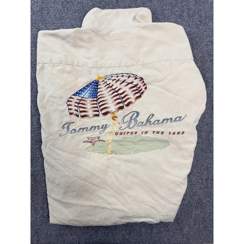 Tommy Bahama Mens Silk Shirt XXL Cream Embroidered American Flag Camp Patriotic